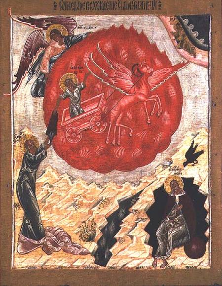 MKG78928 Russian icon of the Prophet Elijah in the wilderness and his Fiery Ascent into Heaven leaving his disciple Elisha to carry on his work, Northern school, c.1600 (panel)<br />
oil? on panel<br />
72x57<br />
Mark Gallery, London, UK<br />
copyright unknown